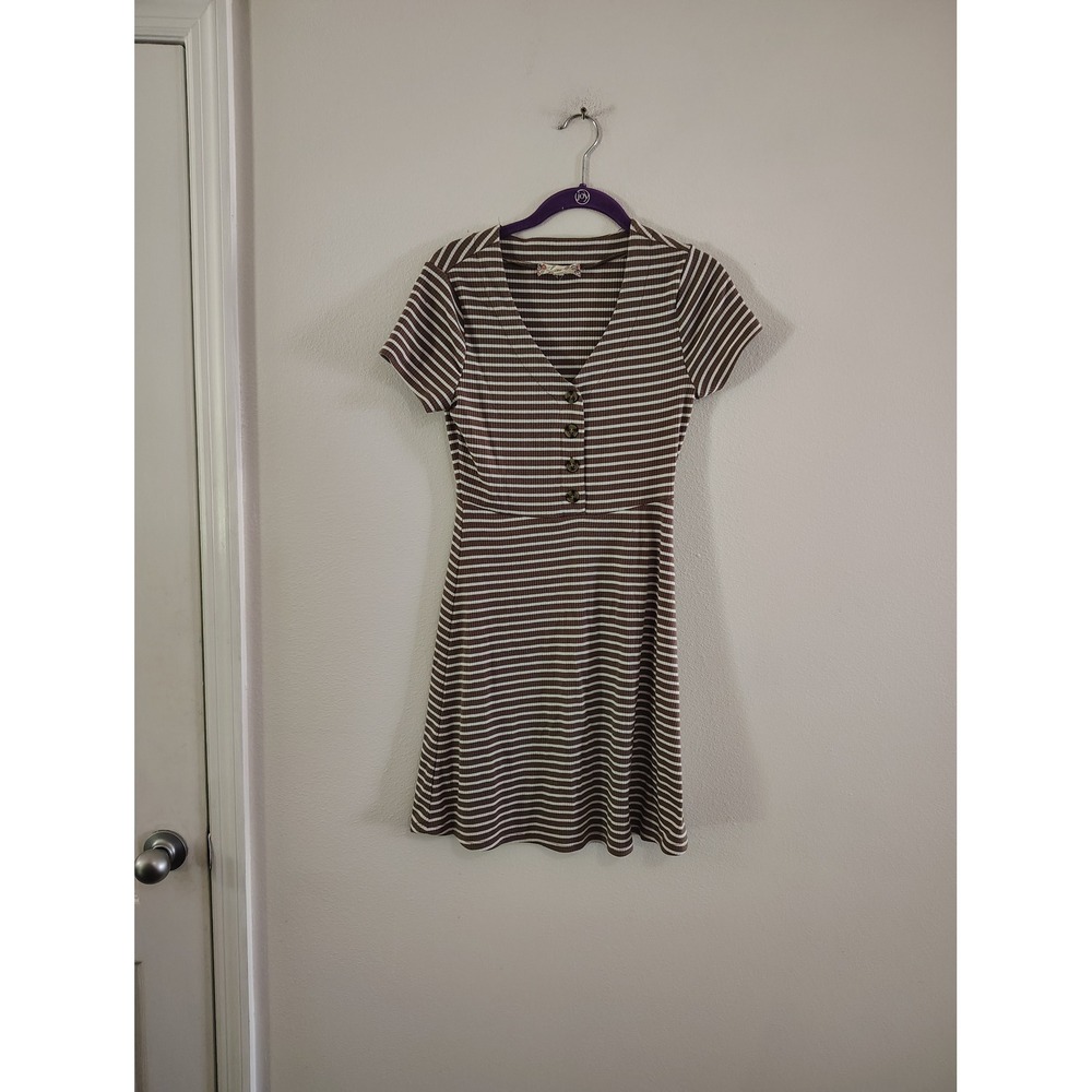 Pink Rose Vintage Brown White Striped Ribbed‎ Knit Button Front Skater Dress L